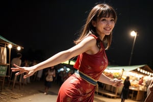 1lady, solo, with long straight hair, asymmetrical bangs, pretty face, burmese, proportional body, smiling, long legs in simple villagers cloth while walking at market during evening. cowboy view, (dynamic pose:1.8).
