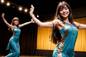 1lady, solo, with long straight hair, asymmetrical bangs, pretty face, burmese, proportional body, smiling, long legs in simple villagers cloth while dancing on the stage at room during evening. dunamic view, (dynamic pose:1.6).
