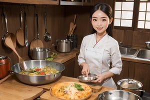 (masterpiece, top quality, best quality, official art, beautiful and aesthetic:1.2),(1girl:1.4),proportional body, pretty face, smiling, long straight hair, asymmetric_bangs in villager simple cloth, burmese while cooking meal at the kitchen of ancient villagers house dusing sunset.,realhands