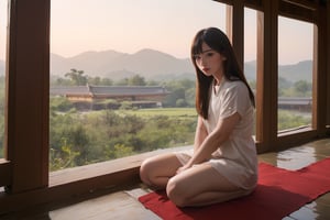 (masterpiece, top quality, best quality, official art, beautiful and aesthetic:1.2),(1girl:1.4),proportional body, pretty face, happy, long straight hair, asymmetric_bangs in villager simple cloth, while praying and sitting at ancient village temple during sunrise, crowds.,realhands