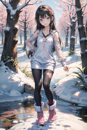 主： (foggy woods), ((Full body image)),
人：1litte 1kid 7yo gril (Child:1.2),
體：Beautifully proportioned body,
髮：(long hair),
服：(((Low-cut collarless and sleeveless sweater with floral pattern))), ((lace sleeves)),(((Sheer sleeveless sweater))),(((black compression tights))),(((deep V low neckline))),(((snow boots))),Ancient costume