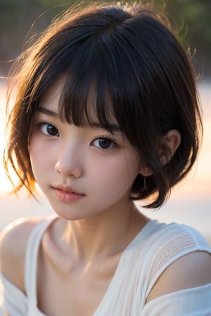 主：(Misty woods under sunset),(((Focus on close-up photos of faces))),
人：1litte 1kid 7yo gril (Child:1.2), 
優：(Stable Diffusion 1.5),
髮：(((short hair))),(((bangs))),(((Well-defined hair strands:1.4))),
服：(Off-the-shoulder),deep V neckline,