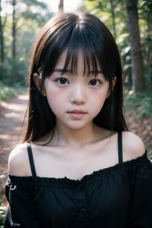 主：(Deep in the woods),(((face photo))),
人：1litte 1kid 7yo gril (Child:1.2), Korean beauty,
優：With a very high artistic composition style,Film photo texture,
髮：(long hair),(((bangs))), 
服：Off-the-shoulder,Open collar sheer tulle,