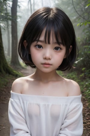 主：(deep in the misty woods),(((face photo))),
人：1litte 1kid 7yo gril (Child:1.2), 
優：With a very high artistic composition style,
髮：(((short hair))),(((bangs))),(((Well-defined hair strands:1.4))),
服：(Off-the-shoulder),deep V neckline,