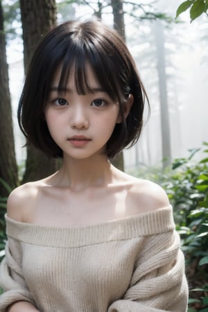 主：(deep in the misty woods),(((face photo))),
人：1litte 1kid 7yo gril (Child:1.2), 
優：With a very high artistic composition style,
髮：(((short hair))),(((bangs))),(((Well-defined hair strands:1.4))),
服：(Off-the-shoulder),deep V neckline,