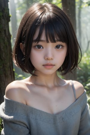 主：(deep in the misty woods),(((face photo))),
人：1litte 1kid 7yo gril (Child:1.2), 
優：With a very high artistic composition style,
髮：(((short hair))),(((bangs))),(((Well-defined hair strands:1.4))),
服：(Off-the-shoulder),deep V neckline,