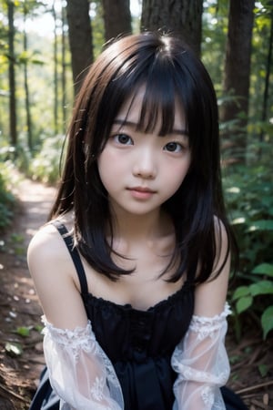 主：(Deep in the woods),(((face photo))),
人：1litte 1kid 7yo gril (Child:1.2), Korean beauty,
優：With a very high artistic composition style,Film photo texture,
體：(children's posture),
髮：(long hair),(((bangs))), 
服：Off-the-shoulder,Open collar sheer tulle,