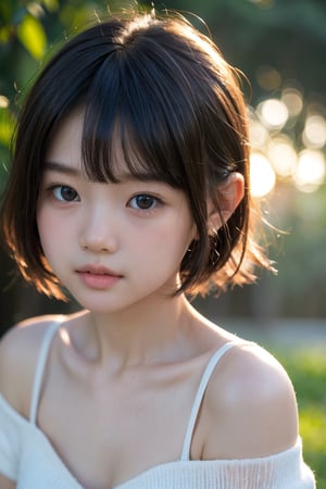 主：(Misty woods under sunset),(((Focus on close-up photos of faces))),
人：1litte 1kid 7yo gril (Child:1.2), 
優：(Stable Diffusion 1.5),
髮：(((short hair))),(((bangs))),(((Well-defined hair strands:1.4))),
服：(Off-the-shoulder),deep V neckline,