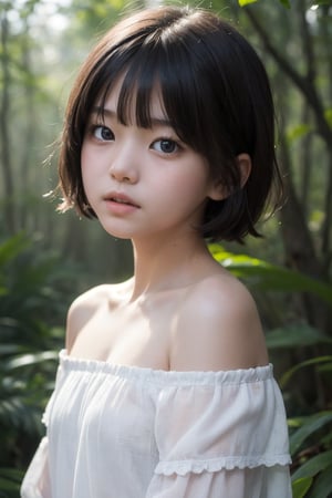 主：(deep in the misty woods),(((face photo))),
人：1litte 1kid 7yo gril (Child:1.2), 
優：With a very high artistic composition style,
髮：(((short hair))),(((bangs))),(((Well-defined hair strands:1.4))),(((hair between eyes))),
服：(Off-the-shoulder),deep V neckline,