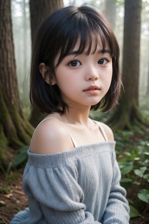 主：(deep in the misty woods),(((face photo))),
人：1litte 1kid 7yo gril (Child:1.2), 
優：With a very high artistic composition style,
髮：(((short hair))),(((bangs))),(((Well-defined hair strands:1.4))),
服：(Off-the-shoulder),deep V neckline,