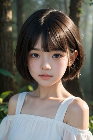 主：(deep in the misty woods),(((face photo))),
人：1litte 1kid 7yo gril (Child:1.2), 
優：With a very high artistic composition style,
髮：(((short hair))),(((bangs))),(((Well-defined hair strands:1.4))),
服：(Off-the-shoulder),deep V neckline,