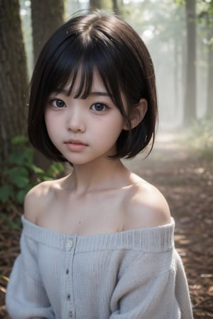 主：(deep in the misty woods),(((face photo))),
人：1litte 1kid 7yo gril (Child:1.2), 
優：With a very high artistic composition style,
髮：(((short hair))),(((bangs))),(((Well-defined hair strands:1.4))),
服：(Off-the-shoulder),deep V neckline,