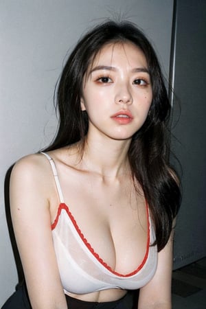 1girl,  slender pale white Korean girl K-pop idol, long hair, sexy plunging neckline cropped camisole ((showing extended cleavage)),  instagram model,  50mm, flash photography,  real life, cute face, large breasts, 