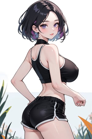 (masterpiece, best quality, highres:1.3), ultra resolution image, (solo), (1girl), formad hair:1.4, forehead, short hair syle, tomboy, violet hair, simple --niji, kpop girl, on field, (dolphi_shorts:1.3, black shorts), huge breast, large hips, mature girl, kawai v pose, victory, :3, face close to viewer, fall in love to viewer,