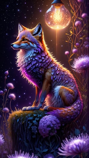 Close up, expansive landscape photograph , (a view from below that shows sky above and open field below), a beautiful fluffy fox sitting on a trunk on Allium flowers garden looking up, starry_sky, ( comet:0.9), (nebula:1.3), distant lake, tree of life, BREAK production art, (warm light source:1.3), lamp, lot of purple and orange, intricate details, volumetric lighting, realism BREAK (masterpiece:1.2), (best quality), 4k, ultra-detailed, (dynamic composition:1.4), highly detailed, colorful details,( iridescent colors:1.3), (glowing lighting, atmospheric lighting), dreamy, magical, (solo:1.2), magical beautiful waterfall,