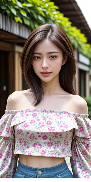 irresistible-1girl, mix-of-hair-styles, mix-of-natural-blemishes, (((casual))), Floral print off-the-shoulder crop top and high-waisted skirt, hair tie in mouth, fixing-hair, (((relaxed))), ((outdoors-streets)), at-noon, (((physically-realistic, Hyper Realistic))), More Detail,,<lora:659111690174031528:1.0>