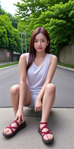 irresistible-1girl, mix-of-hair-styles, mix-of-natural-blemishes, (((casual))), Cargo shorts, tank top, and sandals, korean-fashion, adjusting-clothes, (((relaxed))), ((outdoors-streets)), at-noon, soft-natural-lighting, (((physically-realistic, Hyper Realistic))), More Detail,,<lora:659111690174031528:1.0>