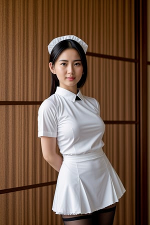 irresistible-1girl, unique-physique, Chinese Maid (Early 21st Century): Straight black hair, dark eyes, wearing a modest and practical (maid uniform1.2), usually a blouse and skirt or trousers, typically in subdued colors like blue or grey, (stockings:1.1), Wearing a British Maid's Frilly Cap, (((relaxed))), cowboy-shot, (((physically-realistic))),,<lora:659111690174031528:1.0>