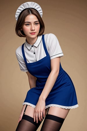 irresistible-1girl, unique-physique, American Maid, (Mid 20th Century): Straight brown hair in a bob, hazel eyes, wearing a simple, solid-colored (maid dress1.2), often grey or black, with short sleeves, a below-knee hem, and a white apron, possibly a small cap, (stockings:1.1), Wearing an American Maid's Small Cap, (((mix-of-poses, relaxed))), mix-of-shot-angles, mix-of-photo-background, dynamic-lighting, (((physically-realistic))),,<lora:659111690174031528:1.0>