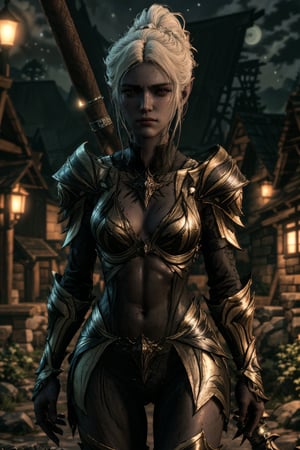 irrresistible-1girl, shameless, stern, mix-of-hair-styles, dangerous-physique, MintharaBG, plated-armor, shoulder-armor, hip-armor, midriff, jewelry, ornamentals, (((submissive-pov))), Enhance, streets, outdoors-at-night, moon-lighting, photo background, Half-timbered Construction,,<lora:659111690174031528:1.0>