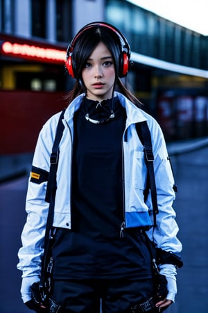 street-fashion-photo-of-1girl, bishoujo, mix-of-hair-styles, dangerous-physique, absolute-cleavage, urban techwear, open-jacket, blue-pants, finger-gloves, pouch, headphones, hair-ornamentals, jewelry, (((relaxed, ego-pov))), photo background, dramatic-natural-lighting,,<lora:659111690174031528:1.0>