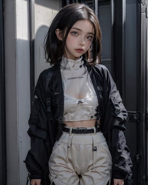 (glamour:1.2) photo of beautiful young woman, middle_parting_hairstyle, wearing {casual|elegant} Urban techwear, black-and-blue techwear jacket with pants and belt straps outfit, (blush:0.5), (goosebumps:0.5), subsurface scattering, iridescent eyes, detailed skin texture, slender_body, small chest, petite, absolute_cleavage, (photorealistic:1.5), masterpiece, remarkable color, ultra-realistic, textured skin, realistic dull skin noise, visible skin detail, skin fuzz, dry skin, upper_body from waist framing, posing for {lewd gravure|casual|fashion} picture, soft bounced lighting, ray tracing, shot at high angle, golden_ratio, ALEXA 65, Fujicolor Pro Film