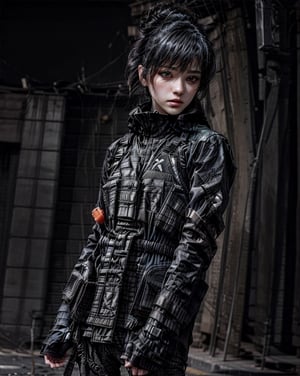 (high street fashion photography) photo of woman in her 20s, {ponytail|bobcut|(bun hair)}, (techwear jacket, with buckle and tape), (blush:0.9), (goosebumps:0.5), beautiful, masterpiece, photorealistic, remarkable detailed pupils, realistic dull skin noise, visible skin detail, skin fuzz, dry skin, detailed clothing, slender, skin blemish, beautiful, BREAK (tan_skin:1.2), BREAK masterpiece, hi-res, hdr, 8k, photorealistic, ultra realistic, ((gravure model posing for a picture)), (upper body from waist framing:1.2), (Futuristic City Streets:1.3), hard natural lighting, (ray tracing:1.4), subsurface scattering, {from side|(shot from a dutch angle:1.6)}, shot on ALEXA 65, RAW photo, 50mm portrait lens, in the style of Walker Evans