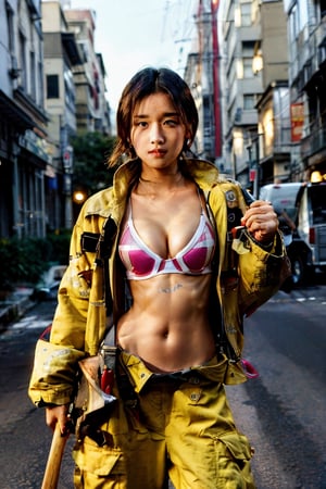 (glamour1.3) photo of a beautiful (teenage) woman with visible collarbone, BREAK wearing firemenoutfit, suspenders, sportsbra, pants, open jacket, holding axe, BREAK hourglass body shape, absolute_cleavage, Aesthetic, upper_body from hips, (gravure pose, outdoor, city_streets), soft bounced lighting, 50mm lens, rule_of_thirds, Fujicolor_Pro_Film,
