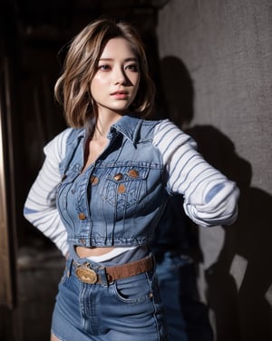 (glamour photography) photo of minju, Android_18_DB, blonde half_ponytail_hairstyle, (denim skirt, black undershirt with long white sleeves, pantyhose), (blush:0.9), (goosebumps:0.5), beautiful, masterpiece, photorealistic, remarkable detailed pupils, realistic dull skin noise, visible skin detail, skin fuzz, dry skin, (1girl, solo:2), (petite:1.2), masterpiece, hi-res, hdr, 8k, photorealistic, ultra realistic, ((pretend a goddess posing gravure):1.2), (cowboy shot:1.6), streets of manila, soft bounced lighting, (ray_tracing:1.2), subsurface scattering, {from side|from behind|(shot from a dutch angle:1.4)}, shot on RED camera, RAW cinema photo, (50mm portrait lens:1.2)