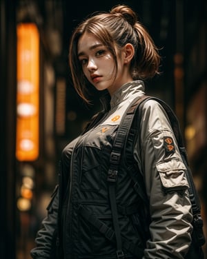 (high street fashion photography) photo of woman in her 20s, 1girl, {ponytail|(bun hair)}, (techwear jacket, Urban techwear, with buckle and tape), (blush:0.9), (goosebumps:0.5), beautiful, masterpiece, photorealistic, remarkable detailed pupils, realistic dull skin noise, visible skin detail, skin fuzz, dry skin, detailed clothing, slender, skin blemish, beautiful, masterpiece, hi-res, hdr, 8k, photorealistic, ultra realistic, ((gravure model posing for a picture)), (upper body from waist framing:1.2), (Futuristic City Streets: with city lights1.3), night time, natural lighting, (ray tracing:1.4), subsurface scattering, {from side|(shot from a dutch angle:1.6)}, shot on ALEXA 65, RAW photo, 50mm portrait lens, (Fujicolor Pro Film:1.3)