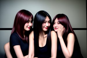 A candid Ultra-HD photo of three irresistible bishoujo teenagers with unique messy hairstyles and realistic detailed skin. The frame captures a relaxed and casual atmosphere, as they enjoy a dinner date. One girl sits in a supporting pose, leaning against another, while the third girl gazes off-camera with a hint of mischief. Soft lighting creates a warm glow, accentuating their remarkable skin tones and highlighting the creative play of shadows across their faces. The setting is intimate, with a subtle focus on the girls' joyful interaction, inviting the viewer to experience the dating POV from their perspective.,<lora:659111690174031528:1.0>