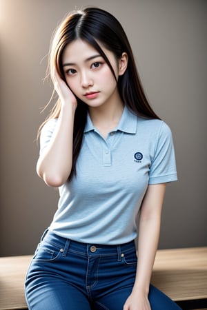 (lifestyle:1.3)-photo-of-1girl, bishoujo-in-her-teens, pouting-lips, (blush:0.5), (goosebumps:0.5), unique-physique, subsurface-scattering, detailed-skin-texture, textured-oiled-skin, realistic-dull-skin-noise, visible-skin-detail, skin-fuzz, (((Ultra-HD-details, Ultra-HD-detailed, Ultra-HD-realistic))), Casual and comfortable outfit with a polo shirt, tailored pants, and loafers, (((daisuki-overload, notice-me-senpai!))), (((relaxed, supporting-pose))), soft-edge-lit, from-bottom, medium-full-body, More Detail, Daughter of Dragon God,<lora:659111690174031528:1.0>