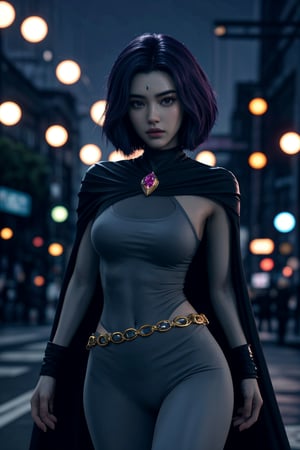 irrresistible-1girl, shameless, mix-of-hair-styles, dangerous-physique, ravdc, grey skin, forehead jewel, cape, leotard, belt, ornamentals, (((harassing-pov))), Enhance, streets, outdoors-at-night, moon-lighting, photo background, furure_urban,<lora:659111690174031528:1.0>