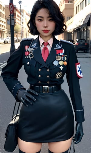 (glamour1.3) photo of a beautiful young expressive woman with messy_bobcut, BREAK wearing german/(military uniform/), red armband, necktie, short pencil skirt, BREAK (blush, blemishes:0.6), (goosebumps:0.5), subsurface scattering, detailed skin texture, hourglass body shape, textured skin, realistic dull skin noise, visible skin detail, skin fuzz, glossy skin, remarkable color, better_hands, (photorealistic, realistic:1.3), cowboy_shot, from below, natural_lighting, rule_of_thirds, Fujicolor_Pro_Film,