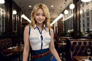 (glamour:1.3) photo of a beautiful smiling (young) woman\(girlfriend\) named Lucy_Heartfilia, (absolute_clevage:0.2), blonde hair, (petite:1.2), better_hands, BREAK wearing white sleeveless shirt with blue linings and collar, fitted, pencil_skirt, tactical_belt, BREAK (upper_body frame), hourglass body shape, (having a dinner_date at a fine_dining_restaurant, dynamic_pose), soft_bounced_lighting, cinematic shot from front_and_side, staring_at_viewer, rule_of_thirds, Fujicolor_Pro_Film,