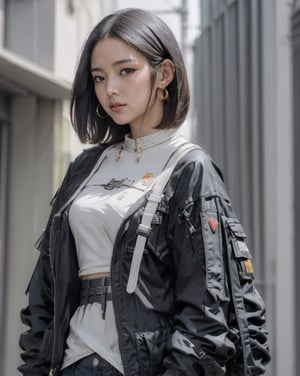 ({glamour|beauty|candid}:1.2) photo of beautiful young woman, middle_parting_hairstyle, wearing {casual|elegant} Urban techwear, techwear jacket with pants and belt straps outfit, (blush:0.5), (goosebumps:0.5), subsurface scattering, iridescent eyes, detailed skin texture, slender_body, small chest, petite, (photorealistic:1.5), masterpiece, remarkable color, ultra-realistic, textured skin, realistic dull skin noise, visible skin detail, skin fuzz, dry skin, upper_body from waist framing, posing for {lewd gravure|casual|fashion} picture, soft bounced lighting, ray tracing, shot {from side|high angle|at eye level}, golden_ratio, ALEXA 65, Fujicolor Pro Film