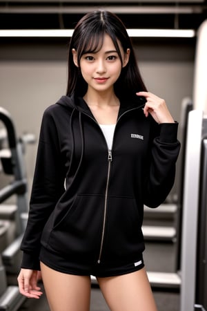 glamour photo of petite 1girl doing a mix of gravure poses at the gym, wears Zip-up hoodie and jogger shorts, jewelry, umi_yakake, photo background, Enhance,<lora:659111690174031528:1.0>