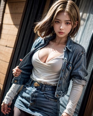 (glamour photography) photo of minju, Android_18_DB, (blonde:1.2), half_ponytail_hairstyle, denim skirt, black undershirt with long white sleeves, pantyhose, cleavage, (blush:0.9), (goosebumps:0.5), beautiful, masterpiece, photorealistic, remarkable detailed pupils, realistic dull skin noise, visible skin detail, skin fuzz, dry skin, (1girl, solo:2), (petite:1.2), masterpiece, hi-res, hdr, 8k, photorealistic, ultra realistic, ((pretend a goddess posing gravure):1.2), (cowboy shot:1.4), (streets of manila:1.4), soft bounced lighting, ray_tracing, subsurface scattering, {from side|from behind|(shot from a dutch angle:1.4)}, shot on RED camera, RAW candid cinema, (50mm portrait lens:1.2)