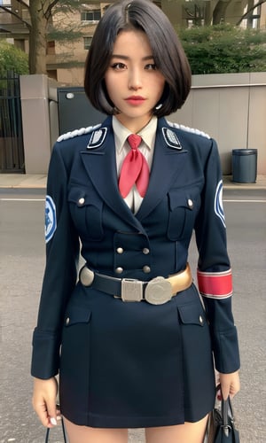 (glamour1.3) photo of a beautiful young expressive woman with messy_bobcut, BREAK wearing german/(military uniform/), red armband, necktie, short pencil skirt, BREAK (blush, blemishes:0.6), (goosebumps:0.5), subsurface scattering, detailed skin texture, absolute_cleavage, hourglass body shape, textured skin, realistic dull skin noise, visible skin detail, skin fuzz, glossy skin, remarkable color, better_hands, (photorealistic, realistic:1.3), (cowboy_shot:1.2), from below, natural_lighting, rule_of_thirds, Fujicolor_Pro_Film,