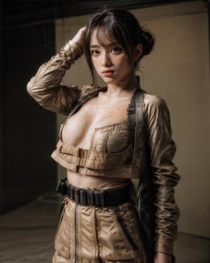 (glamour photography:1.3) photo of woman in her 20s, {ponytail|bobcut|(bun hair)}, (techwear jacket, with buckle and tape), (blush:0.9), (goosebumps:0.5), beautiful, masterpiece, photorealistic, remarkable detailed pupils, realistic dull skin noise, visible skin detail, skin fuzz, dry skin, detailed clothing, slender, beautiful, BREAK (tan skin:1.4), BREAK masterpiece, hi-res, hdr, 8k, photorealistic, ultra realistic, ((lying on back, hands on head)), (upper body from waist framing:1.4), (Futuristic room:1.3), hard natural lighting, (ray tracing:1.4), subsurface scattering, {from side|(shot from a dutch angle:1.6)}, shot on ALEXA 65, RAW photo, 50mm portrait lens, in the style of Walker Evans