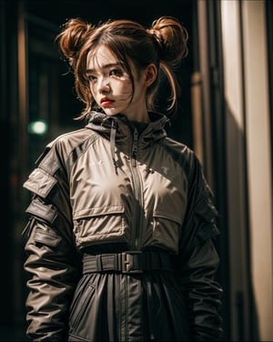 (high street fashion photography) photo of woman in her 20s, 1girl, {ponytail|(bun hair)}, (techwear jacket, Urban techwear, with buckle and tape), (blush:0.9), (goosebumps:0.5), beautiful, masterpiece, photorealistic, remarkable detailed pupils, realistic dull skin noise, visible skin detail, skin fuzz, dry skin, detailed clothing, slender, skin blemish, beautiful, masterpiece, hi-res, hdr, 8k, photorealistic, ultra realistic, ((gravure model posing for a picture)), (upper body from waist framing:1.2), (Futuristic City Streets: with city lights1.3), night time, natural lighting, (ray tracing:1.4), subsurface scattering, {from side|(shot from a dutch angle:1.6)}, shot on ALEXA 65, RAW photo, 50mm portrait lens, (Fujicolor Pro Film:1.3)