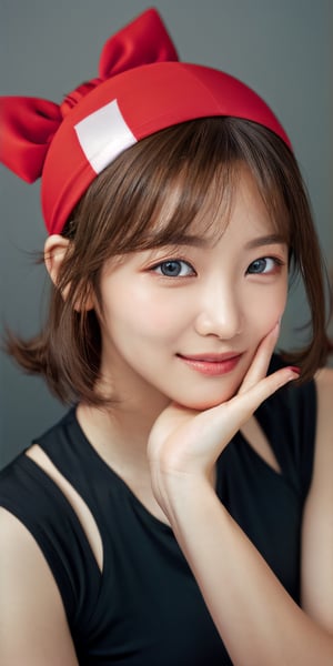 (glamour_photo:1.3) of a beautiful smiling young model\(woman, girl\), (teen:1.4), 1girl, (blush:0.5), (goosebumps, blemishes:0.6), subsurface scattering, detailed skin texture, textured skin, realistic dull skin noise, visible skin detail, skin fuzz, dry skin, perfect fingers & hands, realistic fingernails, feminine tone, (absolute_cleavage:0.4), BREAK wearing red shirt, black bike shorts, bandana, hairband, medium hair, gloves, bow hairband, sleeveless, red bandana, BREAK RAW Photo, (photorealistic, photorealism, realistic), (New_Year:1.6), (rule_of_thirds:1.3), Sexy_Pose, 50mm lens, shot on ALEXA 65 camera, using Fujicolor Pro Film, Enhance, may