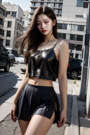 (glamour:1.3) photo of a beautiful woman\(girlfriend\) with mid-parted hairstyle, perfect hands, perfect fingers, (blush:0.5), (goosebumps:0.5), dry dull skin, detailed skin texture, BREAK wearing Sequin-embellished crop top and bodycon midi skirt, BREAK photorealistic, realistic, SFW, hourglass body shape, (upper_body frame), (dynamic_pose), dynamic_background, soft natural_lighting, rule_of_thirds, High detailed, Color magic,high_school_girl