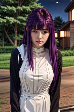 (((dating-pov))), irresistible-1girl, unique-mix-of-natural-hair-styles, purple-hair, blunt-bangs, unique-physique, fern-frieren, black-robes-over-white-shirt, long-dress, bodycon, no-virgin-anymore, (((relaxed))), over-intricate-background, outdoors-night, soft-natural-lighting, (((Ultra-HD-photo-same-realistic-quality-details))), remarkable-colors,,<lora:659111690174031528:1.0>