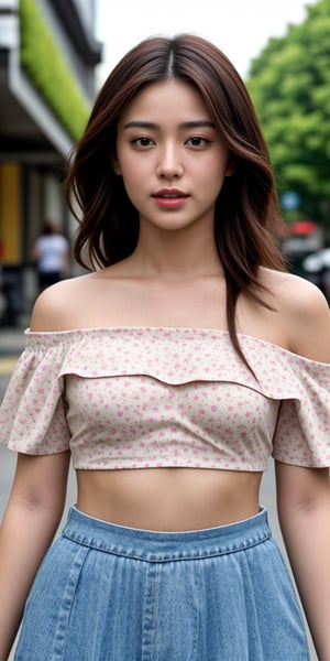 irresistible-1girl, mix-of-hair-styles, mix-of-natural-blemishes, (((casual))), Floral print off-the-shoulder crop top and high-waisted skirt, hair tie in mouth, fixing-hair, (((relaxed))), ((outdoors-streets)), at-noon, (((physically-realistic, Hyper Realistic))), More Detail,,<lora:659111690174031528:1.0>