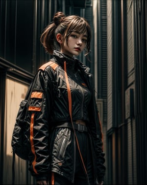 (high street fashion photography) photo of woman in her 20s, 1girl, {ponytail|(bun hair)}, (techwear jacket, with buckle and tape), (blush:0.9), (goosebumps:0.5), beautiful, masterpiece, photorealistic, remarkable detailed pupils, realistic dull skin noise, visible skin detail, skin fuzz, dry skin, detailed clothing, slender, skin blemish, beautiful, masterpiece, hi-res, hdr, 8k, photorealistic, ultra realistic, ((gravure model posing for a picture)), (upper body from waist framing:1.2), (Futuristic City Streets:1.3), night time< soft natural lighting, (ray tracing:1.4), subsurface scattering, {from side|(shot from a dutch angle:1.6)}, shot on ALEXA 65, RAW photo, 50mm portrait lens, in the style of Walker Evans,Urban techwear