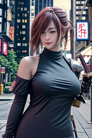 irresistible-1girl-in-city-streets, mix-of-hair-styles, mix-of-natural-blemishes, zelr, (((casual))), Samuraniji, samurai, deep-v-neck, intricate-blue-armor, plated-shoulder-pads, holding-weapon, holding-katana, attack-pose, (((relaxed))), optimal-lighting, (((physically-realistic))), shot-on-50mm, remarkable-colors,,<lora:659111690174031528:1.0>