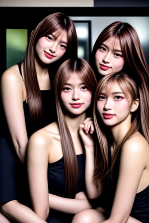 A candid Ultra-HD photo of three irresistible bishoujo teenagers with unique messy hairstyles and realistic detailed skin. The frame captures a relaxed and casual atmosphere, as they enjoy a dinner date. One girl sits in a supporting pose, leaning against another, while the third girl gazes off-camera with a hint of mischief. Soft lighting creates a warm glow, accentuating their remarkable skin tones and highlighting the creative play of shadows across their faces. The setting is intimate, with a subtle focus on the girls' joyful interaction, inviting the viewer to experience the dating POV from their perspective.,<lora:659111690174031528:1.0>
