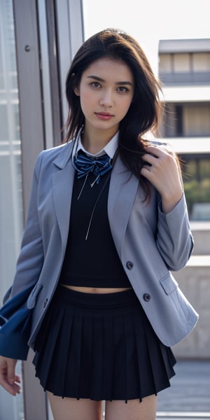 Photo-of-1girl, preteen, mid-parted-hair, silver-accented-black-hair, realistic-detailed-skin, (shiny-skin:0.4), tanned-skin, detailed-eyes, hourglass-body, photo-same-realistic, photo-realism, RAW-Photo, analog-style, analog-photo, ultra-hd-detailed, (((casual))), (((relaxed))), BREAK wearing-naked-school-uniform, naked-blazer, blue-blazer-having-yellow-accent, blue-formal-skirt, bodycon-uniform, remarkable-colors, BREAK Striking Pose, excited-face, main-focus, at-school-gate, soft-natural-lighting, dynamic-viewing-angle, shot-on-Kodak-Vision3-IMAX, miyabi,,<lora:659111690174031528:1.0>