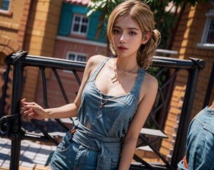 (street fashion photography:1.3) photo of colorful_girl_v2 in her 20s, (1girl, solo:2), (blonde:1.6) {short ponytail|bobcut|longhair}, jawline, (blush:0.9), (goosebumps:0.5), wearing a (Casual summer outfit with a sleeveless chambray shirt, khaki shorts, flat leather sandals, and a simple pendant necklace:1.2), beautiful, masterpiece, hi-res, hdr, 8k, photorealistic, iridescent eyes, remarkable color, ultra realistic, textured skin, remarkable detailed pupils, realistic dull skin noise, visible skin detail, skin fuzz, dry skin, (seductive pose:1.3), (upper body from waist:1.4), Delfino_Plaza background, soft natural lighting, (ray tracing:1.6), subsurface scattering, {from side|from behind|(shot from a dutch angle:1.4)}, golden ratio, shot on Leica T, RAW candid cinema, 35mm landscape lens, fujicolor pro film